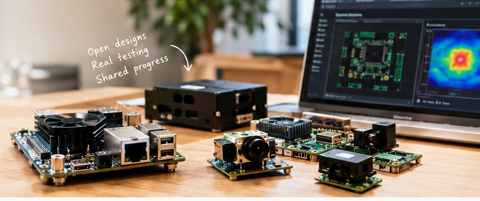 Concept illustration of small computer boards and test hardware on a workbench