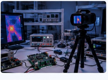 Concept image of a thermal camera observing electronics on a laboratory bench